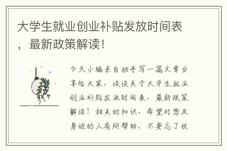 大學(xué)生就業(yè)創(chuàng)業(yè)補(bǔ)貼發(fā)放時(shí)間表，最新政策解讀！